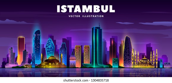 Night Istambul City Skyline On A Dark Background. Flat Vector Illustration. Business Travel And Tourism Concept With Modern Buildings. Image For Banner Or Web Site.