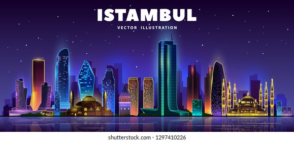 Night Istambul Skyline. Vecror Illustration.