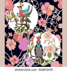 Night in Japanese garden. Seamless oriental pattern with flowers and paradise birds in circles. Vintage textile collection.
