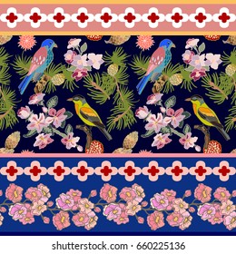 Night Japanese garden. Seamless oriental pattern with Victorian motifs. Blooming summer sakura flowers, pine branches and birds. Vintage textile collection. Colorful on dark blue. 
