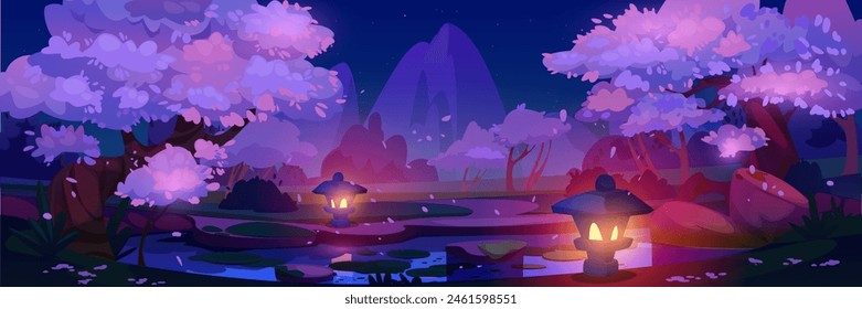 Nacht Japanischer Teich und Kirschbaum Hintergrund. Frühlingssee Gartenlandschaft in der chinesischen Parkszene. Schöne japanische Bergkulisse Design und zauberhafte ornamentale Sommer-Panorama-Tal-Umgebung