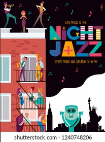 Night Jazz concert or festival poster template with New York landscape and characters playing musical instruments. Editable vector illustration