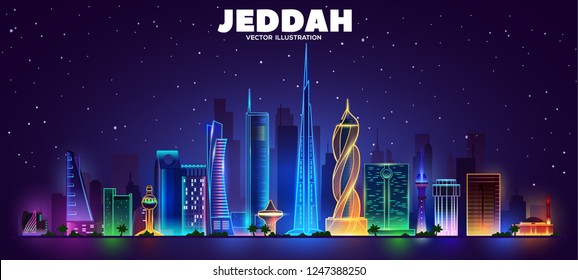 Night Jeddah skyline.Vector illustration.