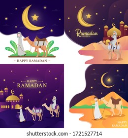 A night journey in happy ramadan illustration with man and camels collection