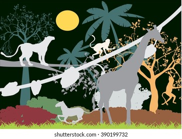 Night Jungle Animals And Plants Silhouettes.  Giraffe, Leopards, Leopards. Black Background.