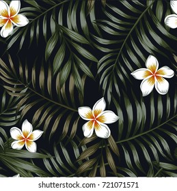 Night Jungle Background Of Tropical Leaves And Flowers Seamless Pattern. Dark Wallpaper Vector