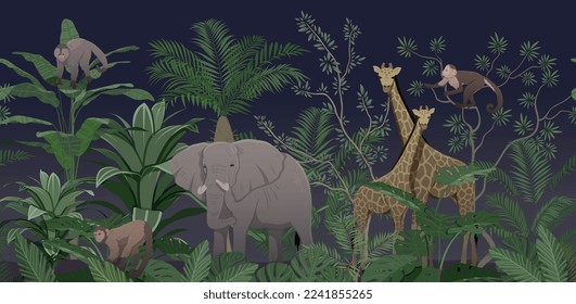 Night jungle concept. Giraffes, elephants and monkeys in trees and bushes, African savannah. Tropic and exotic, flora and fauna, wild life. Poster or banner for site. Cartoon flat vector illustration