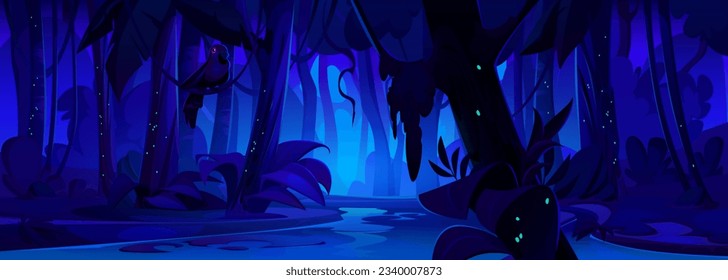 Night jungle forest with river cartoon background. Lake, fantasy tree, palm and bush scene illustration. Amazon riverside location area for game with green firefly glow. Outside travel environment