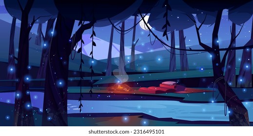 Night jungle forest with swamp and firefly vector background. Fantasy game landscape with tree, pond water, campfire and pillow. Fantastic and spooky adventure illustration with moonlight and glowworm