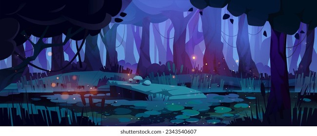 Nachtwaldsumpf mit glänzendem Hintergrund. Fantasy-Seenlandschaft mit Duckweed und Sumpf. Wunderschönes Halloween Naturschauspiel mit Mondlicht, Blattbaumsilhouette und Wein am Abend.