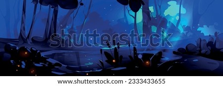 Night jungle forest with swamp vector background. Magic game landscape with water in lake, dark tree, spooky firefly and mystic enchanted environment scenery. Plants silhouette above moonlight ray
