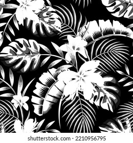 night jungle illustration seamless pattern with tropical banana palm leaves and monstera leaf, flowers plants foliage on dark background. forest design. nature wallpaper. interior decorative. spring