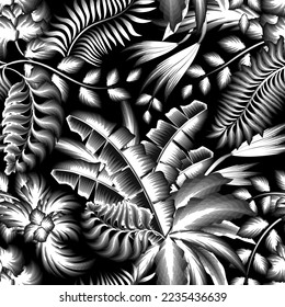 night jungle illustration seamless pattern with tropical leaves and plants foliage on dark background. interior decoration. natural background. Vintage colors background. Exotic wallpaper. forest