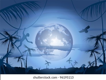 Night in jungle and moon