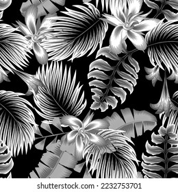 night jungle plants illustration seamless pattern on dark background. Botanical trendy design in grey colors. Design for fabric, wallpaper or wrap papers. Floral background. Exotic tropics. Summer
