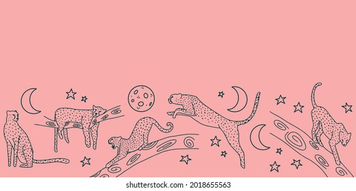 Night jungle repeat border in pink background with seamless cheetah and moon illustrations in dark blue. Vector illustration print. Great for women, kids and home decor. Surface pattern design.