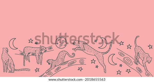 Night jungle repeat border in pink background\
with seamless cheetah and moon illustrations in dark blue. Vector\
illustration print. Great for women, kids and home decor. Surface\
pattern design.