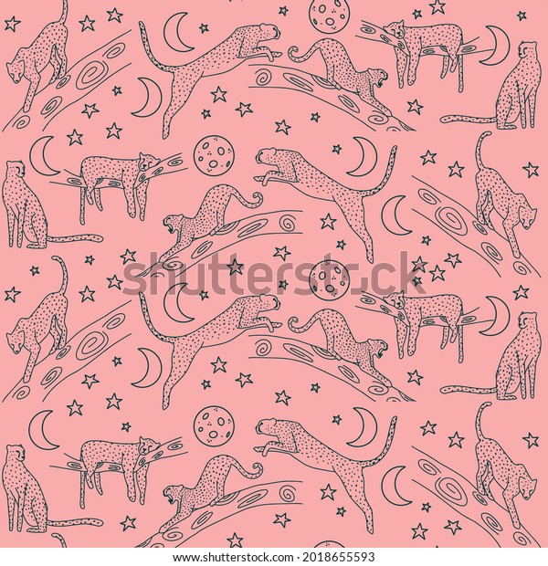 Night jungle repeat pattern in pink background\
with seamless cheetah and moon illustrations in dark blue. Vector\
illustration print. Great for women, kids and home decor. Surface\
pattern design.