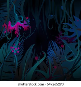 Night jungle theme - tropical plants and bright pink flower