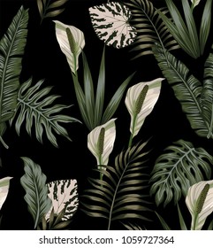 Night jungle tropical composition white flowers seamless pattern