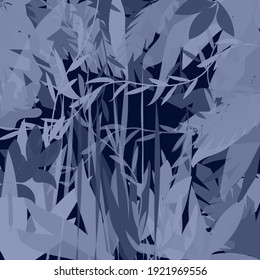 Night jungle vector pattern. Deep blue tones wild growth print. Botanical frame, tropical background. Original tropical pattern. Jungle mystic template, halftone solid colors wild nature wallpapers