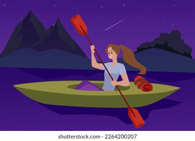 Night kayaking adventure scenery with woman in kayak, flat cartoon vector illustration. River night landscape backdrop with tourist rowing a kayak or canoe boat.