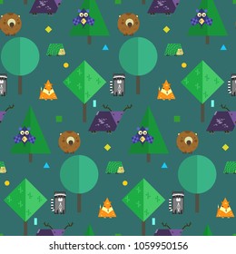 Night kids seamless pattern with cute forest geometrical animals and trees made of different shapes. Nice flat wild animals texture for textile, wrapping paper, background, surface, print
