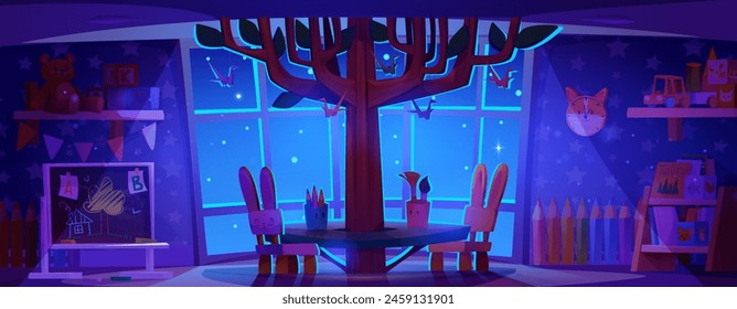 Night kindergarten classroom. Preschool kid room interior with toy, table and painting board. Moonlight ray from window in empty playground design. Dark daycare inside with ball, shelf, and clock