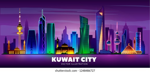 Night  Kuwait city skyline on a dark background. Flat vector illustration. Business travel and tourism concept with modern buildings. Image for banner or web site.
