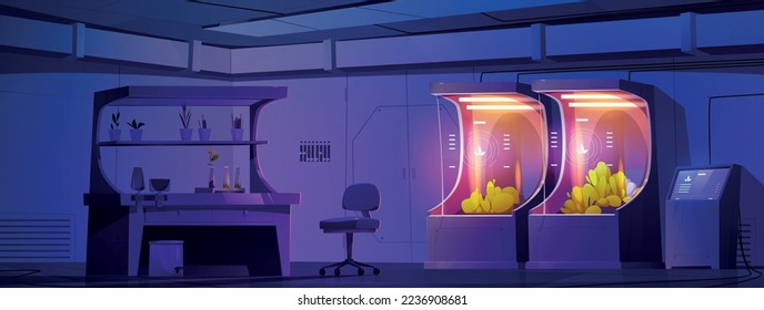 Night laboratory interior with plants growing equipment. Futuristic experimental lab on spaceship or secret bunker with scientific biotechnology technics, lamps and sprouts Cartoon vector illustration