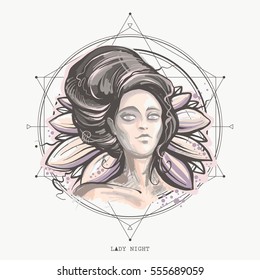 Night lady vector illustration, mysterious woman portrait on the lotus background. Sacred geometry hand-painted print.