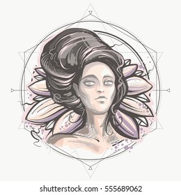 Night lady vector illustration, mysterious woman portrait on the lotus background. Sacred geometry hand-painted print.
