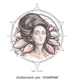 Night lady vector illustration, mysterious woman portrait on the lotus background. Sacred geometry hand-painted print.