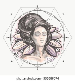 Night lady vector illustration, mysterious woman portrait on the lotus background. Sacred geometry hand-painted print.