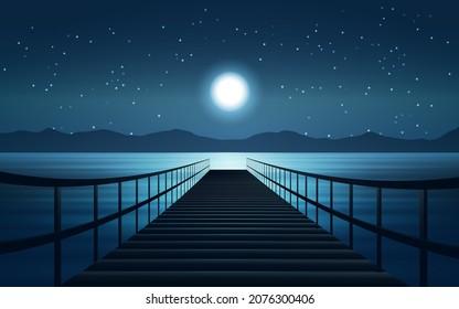 Night At Lake With Dock And Moonlight