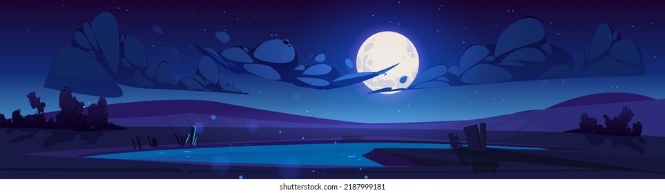 Dibujo vectorial del paisaje del lago nocturno. La misteriosa luna grande y muchas estrellas brillan brillantemente en un cielo oscuro y nublado sobre la superficie de agua tranquila iluminada por la luna. Escena de verano a medianoche. Ambiente espeluznante