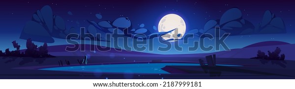 Night lake landscape cartoon vector\
illustration. Mysterious big moon and many stars shining bright in\
cloudy dark sky over moonlit calm water surface. Summer midnight\
scene. Spooky atmosphere