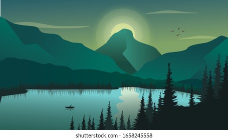 Night Lake Landscape Vector Background