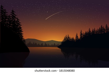 Night in the lake with shooting star