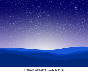 Night landscape above the waves sea level with a dark blue night sky with shiny stars and the clear starry sky over the horizon 