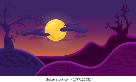 Night landscape with abstract mountains and gloomy trees. Full moon with clouds. Background for Halloween greeting card, poster or invitation to a party. Vector dark illustration.