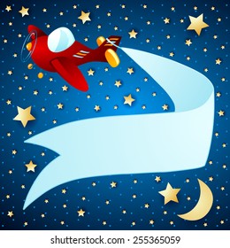 Night landscape with airplane and banner, vector eps10