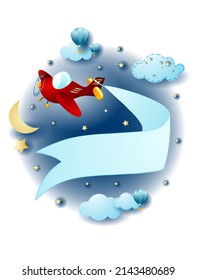 Night landscape with airplane and blank banner, fantasy illustration. Vector eps10