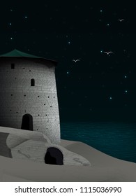 Night landscape with ancient tower and dilapidated walls of the fortress on a sandy desert beach, against a dark starry sky with bright constellations and birds flying to the shore