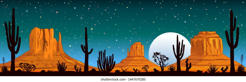 Night landscape of the Arizona desert. Landscape rocky desert. Mountains and cactus.