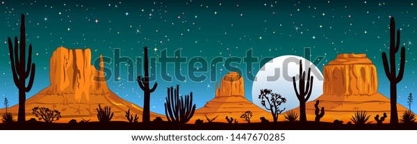 Night landscape of the Arizona desert.
Landscape rocky desert. Mountains and
cactus.