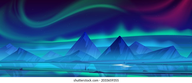 Paisaje nocturno con aurora boreal en el cielo, río y montañas en el horizonte. Dibujo de dibujos animados de luces boreales verdes y rosas y estrellas en el cielo invernal sobre rocas nórdicas