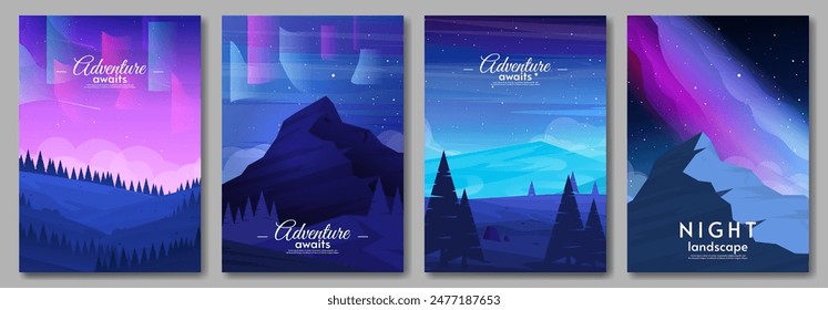 Paisaje nocturno con aurora. Cielo oscuro con estrellas. Montañas y colinas.  Ilustración vectorial. Conjunto de carteles.  