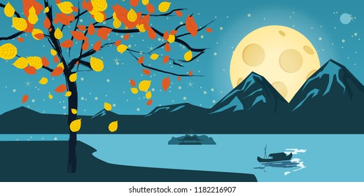 Night landscape with autumn tree, falling leaves, mountains, lake, moon, stars, cartoon style, vector, illustration, isolated