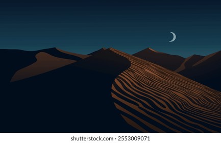 Night landscape background with desert dunes and moon